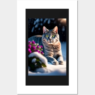 British Shorthair Snow Roses Theme Posters and Art